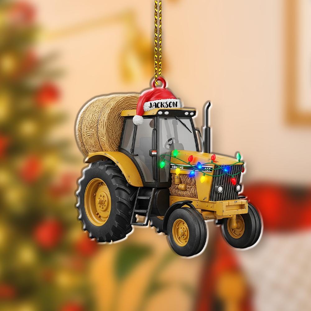 Personalized Tractor Ornament – Farm Christmas Decoration with Lights and Hay Bale