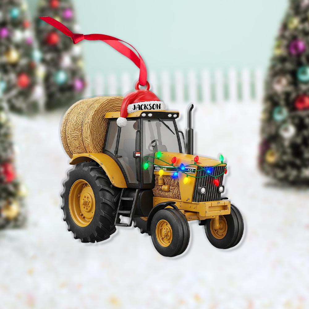 Personalized Tractor Ornament – Farm Christmas Decoration with Lights and Hay Bale