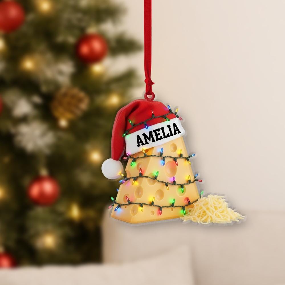 Personalized Cheese Ornament – Custom Name Santa Hat Food Christmas Tree Decoration
