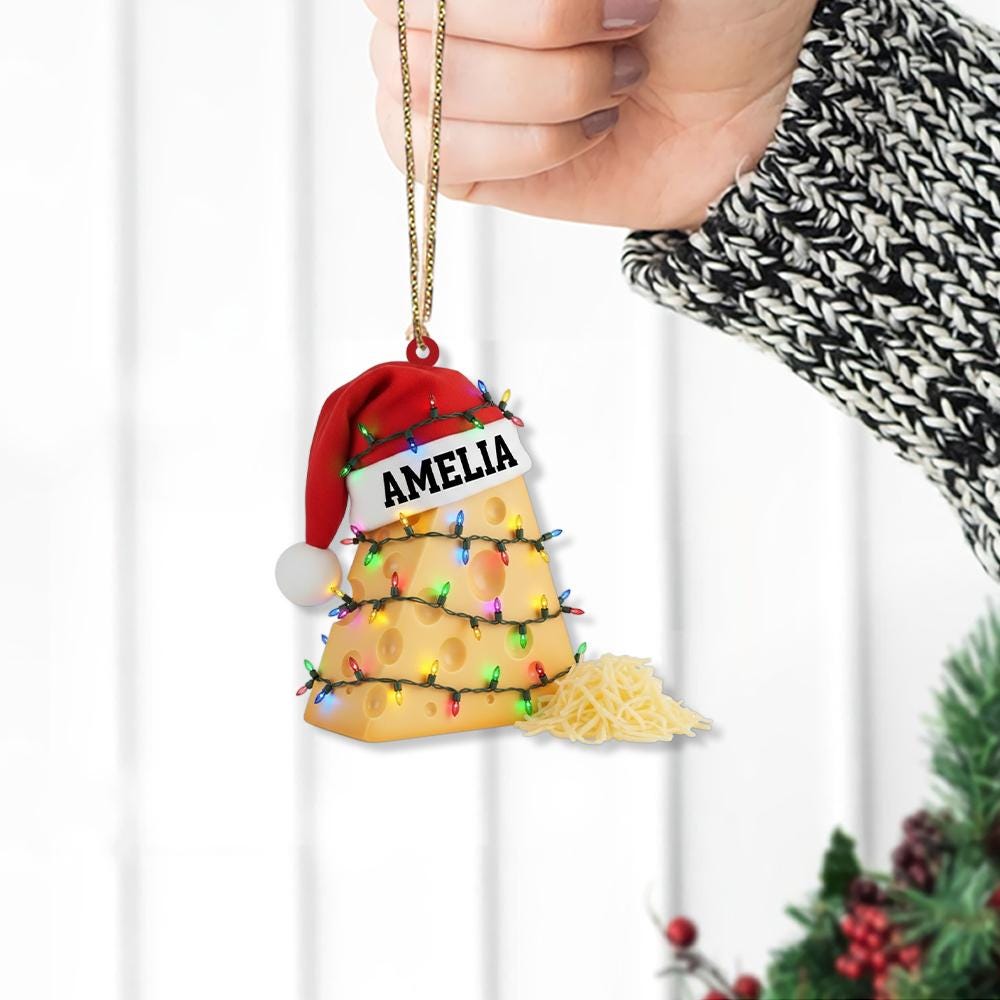 Personalized Cheese Ornament – Custom Name Santa Hat Food Christmas Tree Decoration