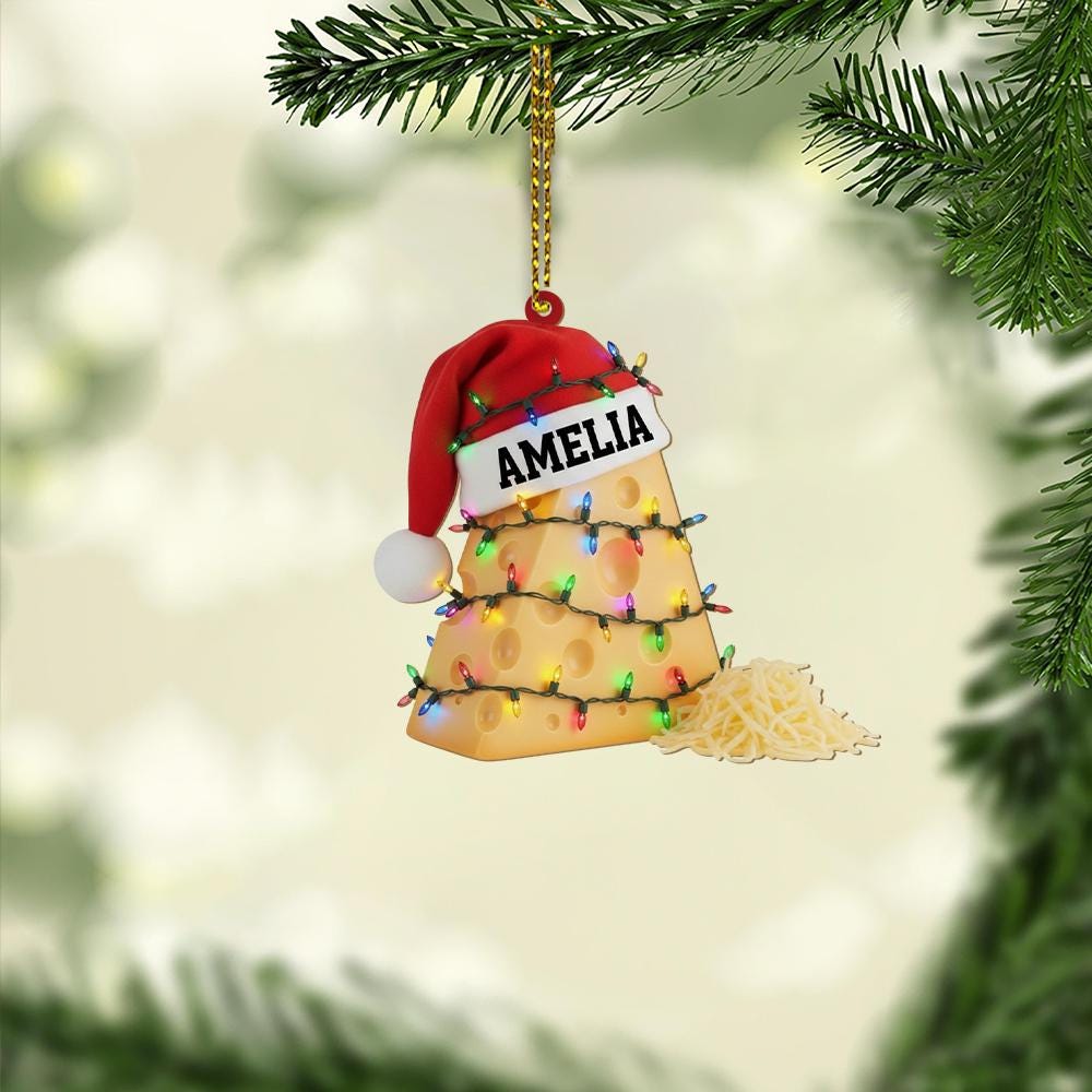 Personalized Cheese Ornament – Custom Name Santa Hat Food Christmas Tree Decoration