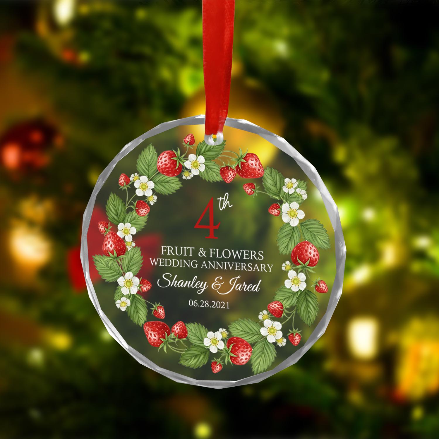 Personalized Anniversary Ornament – Custom Glass Fruit & Flowers 4th Year Wedding Keepsake