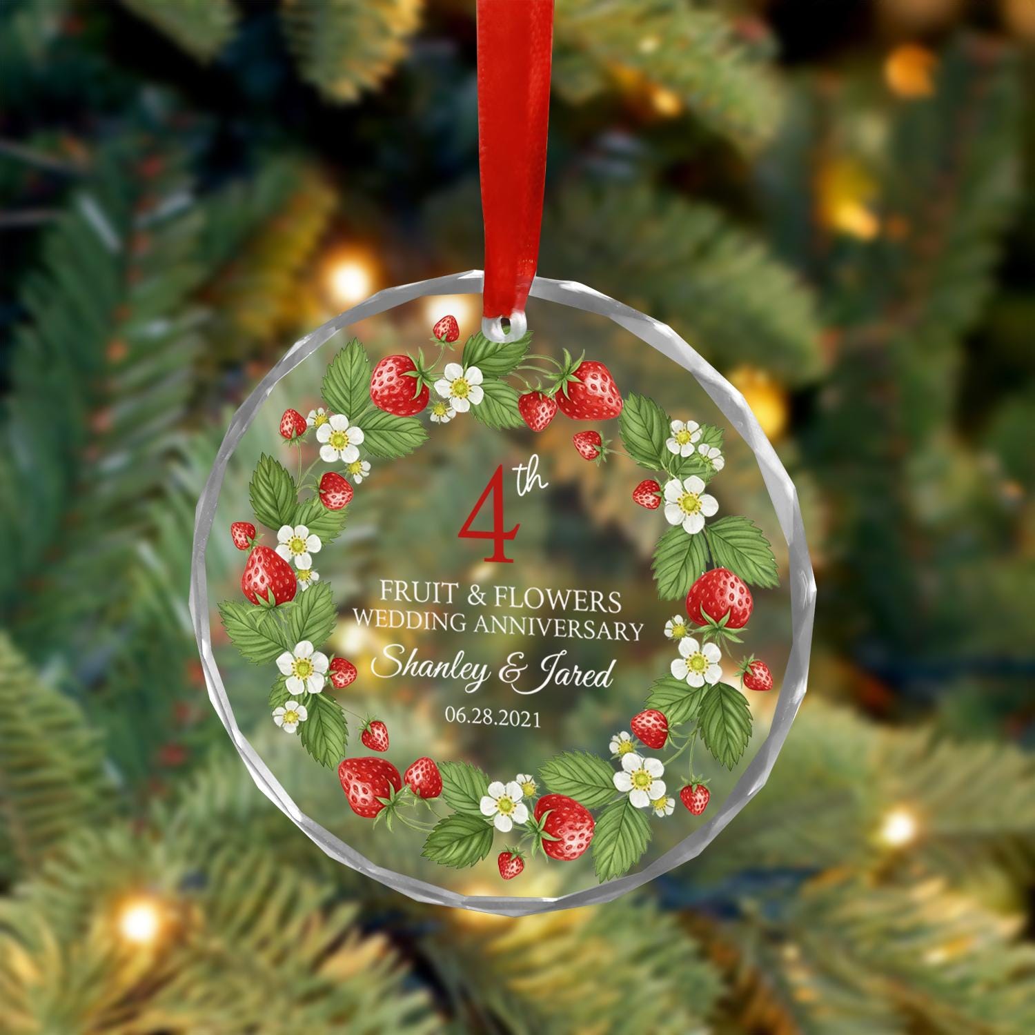 Personalized Anniversary Ornament – Custom Glass Fruit & Flowers 4th Year Wedding Keepsake