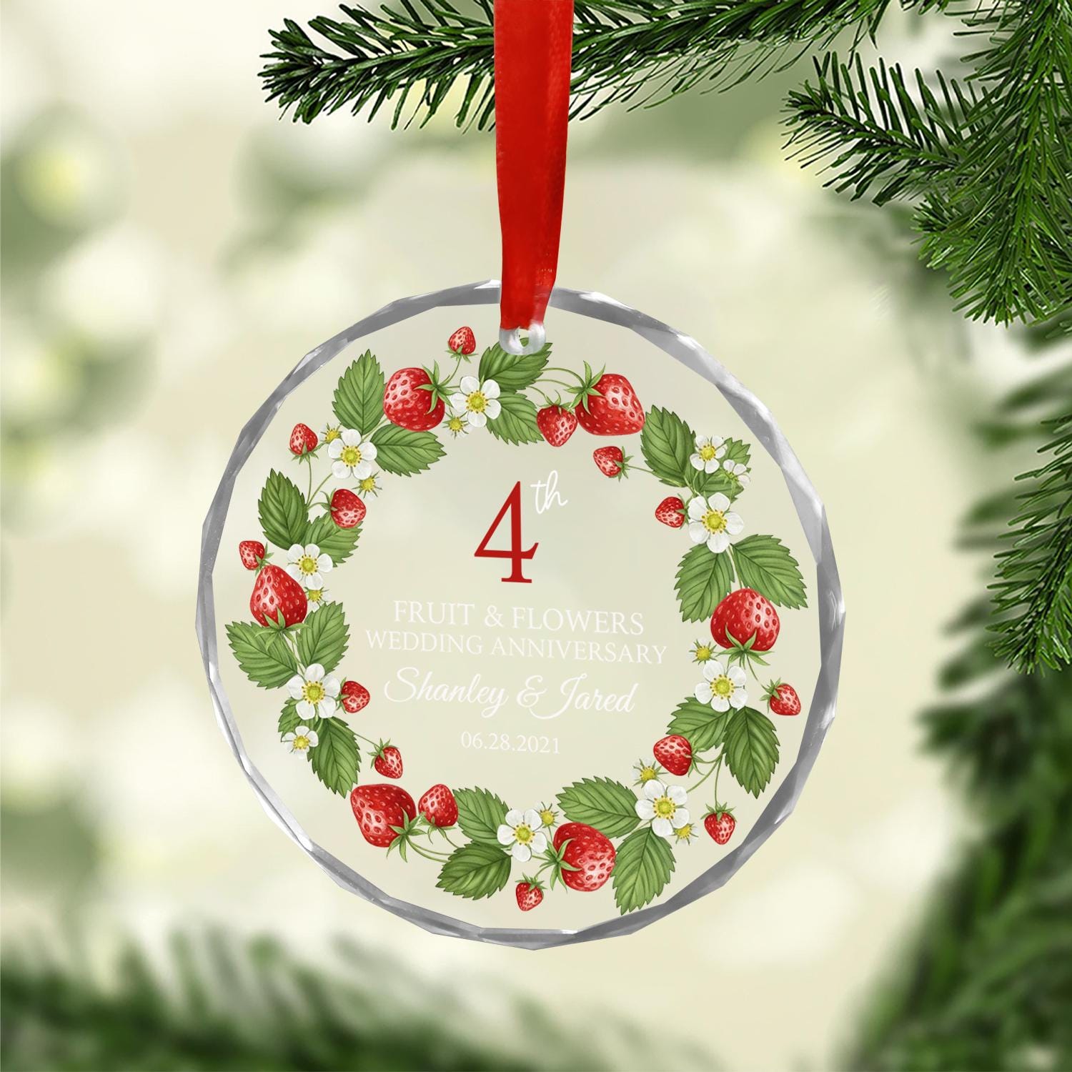 Personalized Anniversary Ornament – Custom Glass Fruit & Flowers 4th Year Wedding Keepsake
