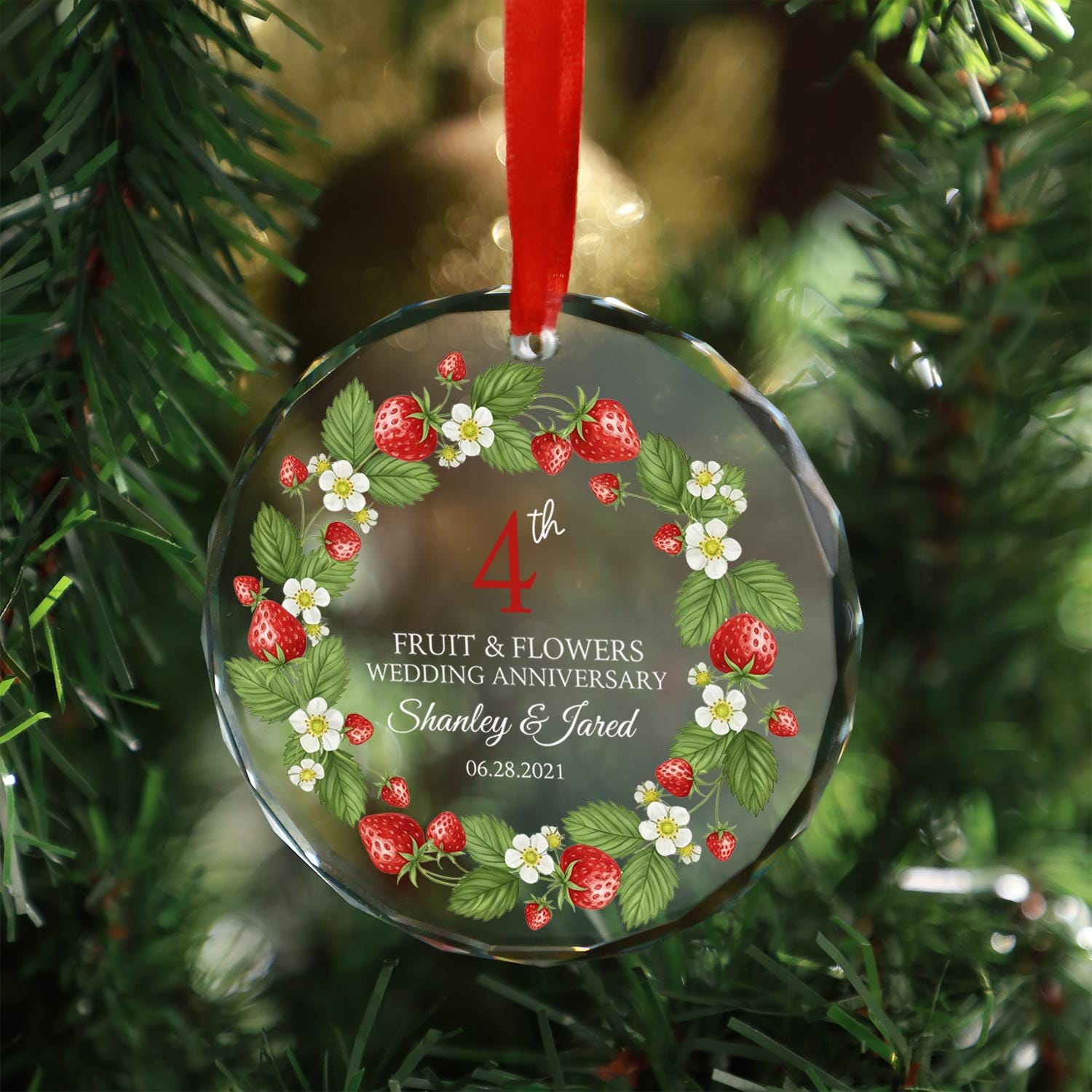 Personalized Anniversary Ornament – Custom Glass Fruit & Flowers 4th Year Wedding Keepsake