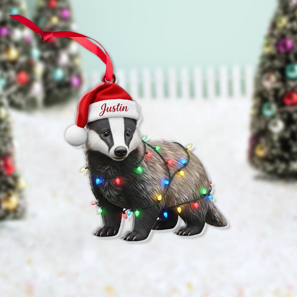 Personalized Badger Ornament – Custom Name Santa Hat Animal Christmas Tree Decoration