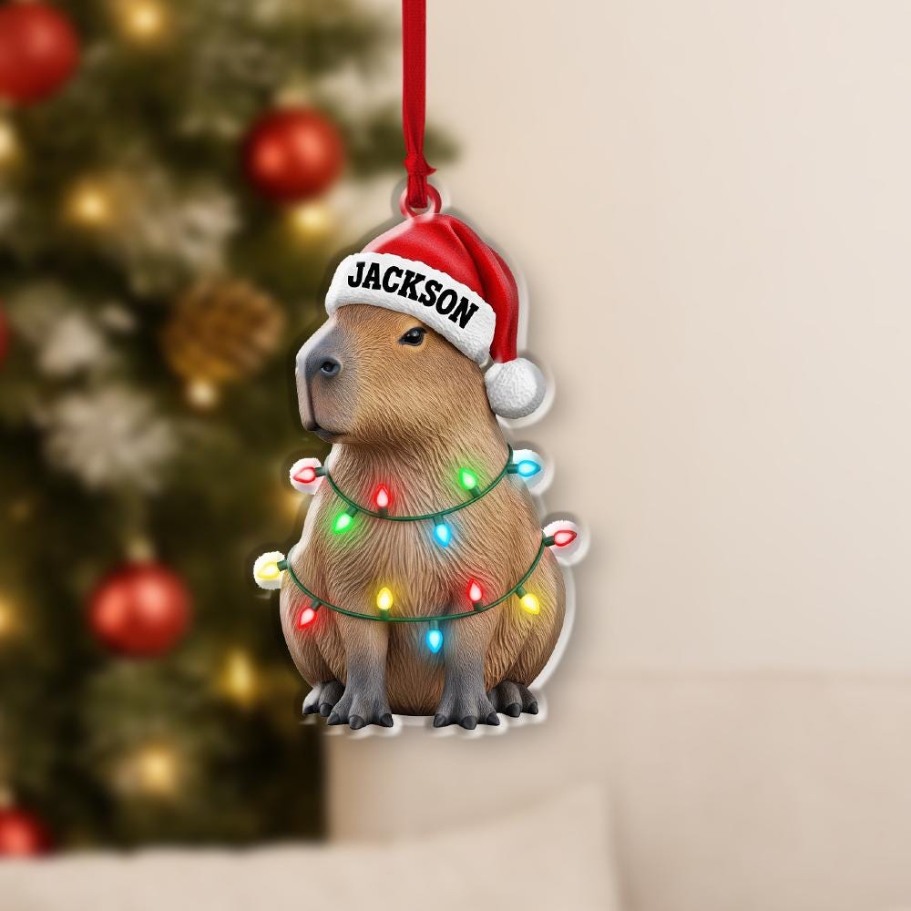 Personalized Capybara Ornament – Custom Name Santa Hat Animal Christmas Tree Decoration