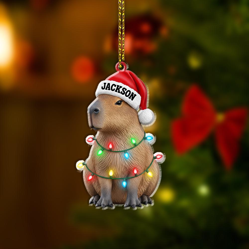 Personalized Capybara Ornament – Custom Name Santa Hat Animal Christmas Tree Decoration
