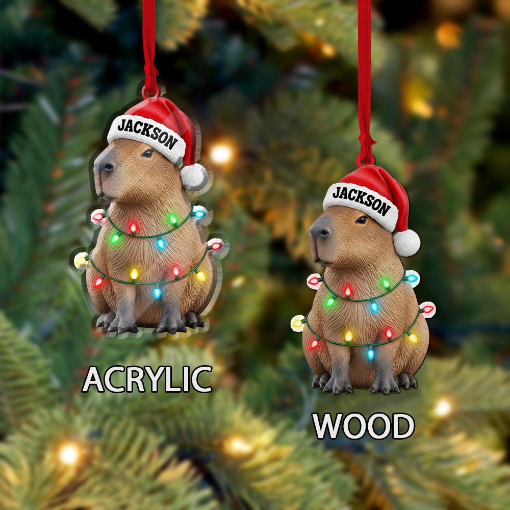 Personalized Capybara Ornament – Custom Name Santa Hat Animal Christmas Tree Decoration