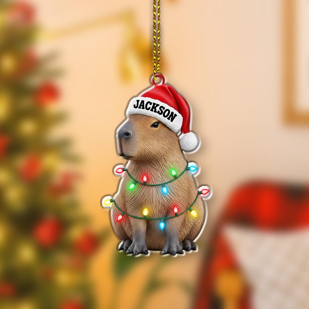 Personalized Capybara Ornament – Custom Name Santa Hat Animal Christmas Tree Decoration