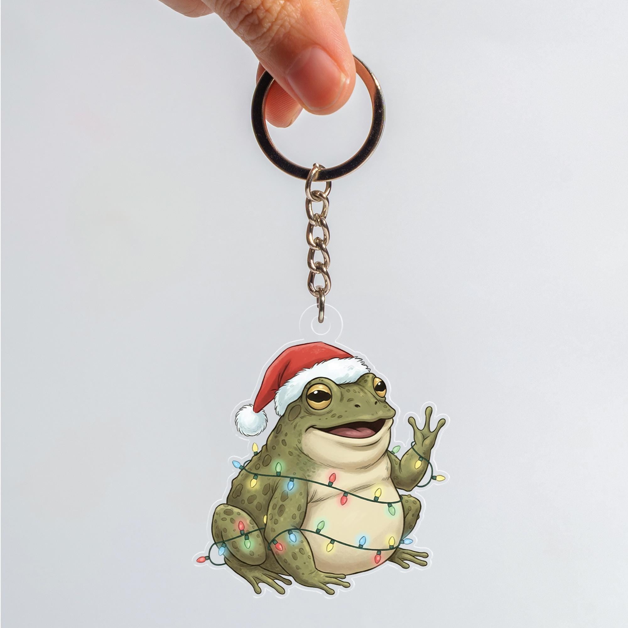Acrylic Frog Keychain – Christmas Toad with Santa Hat and Holiday Lights