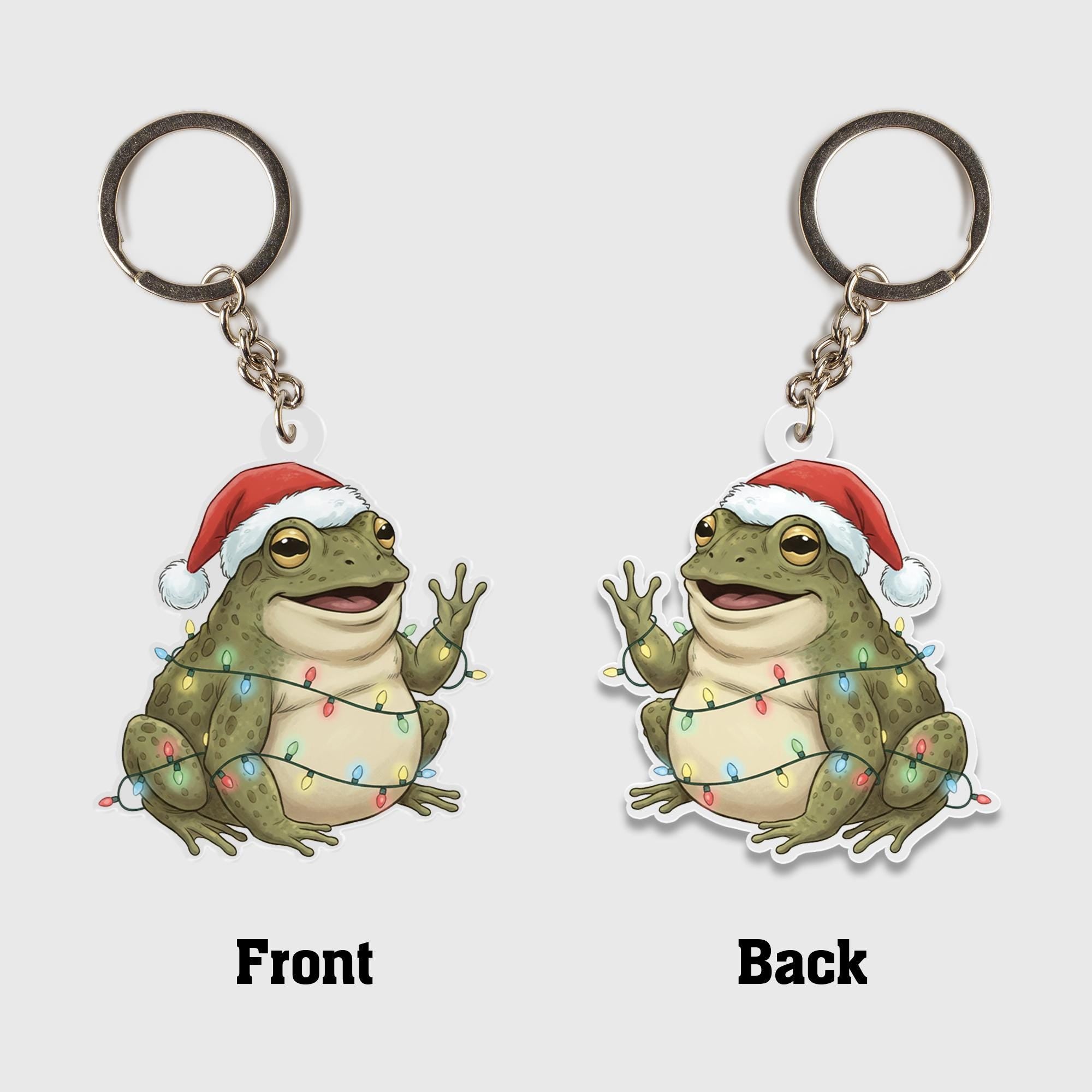 Acrylic Frog Keychain – Christmas Toad with Santa Hat and Holiday Lights