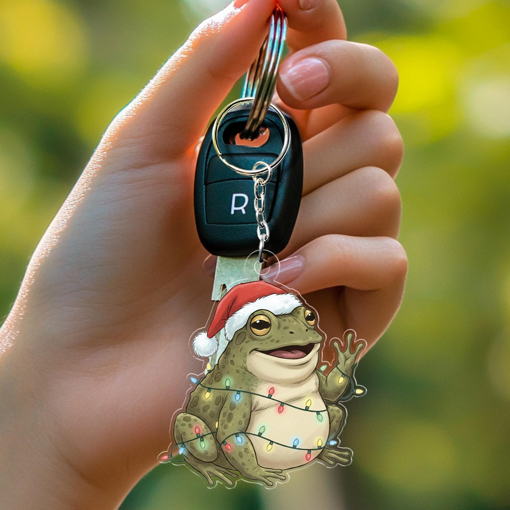 Acrylic Frog Keychain – Christmas Toad with Santa Hat and Holiday Lights