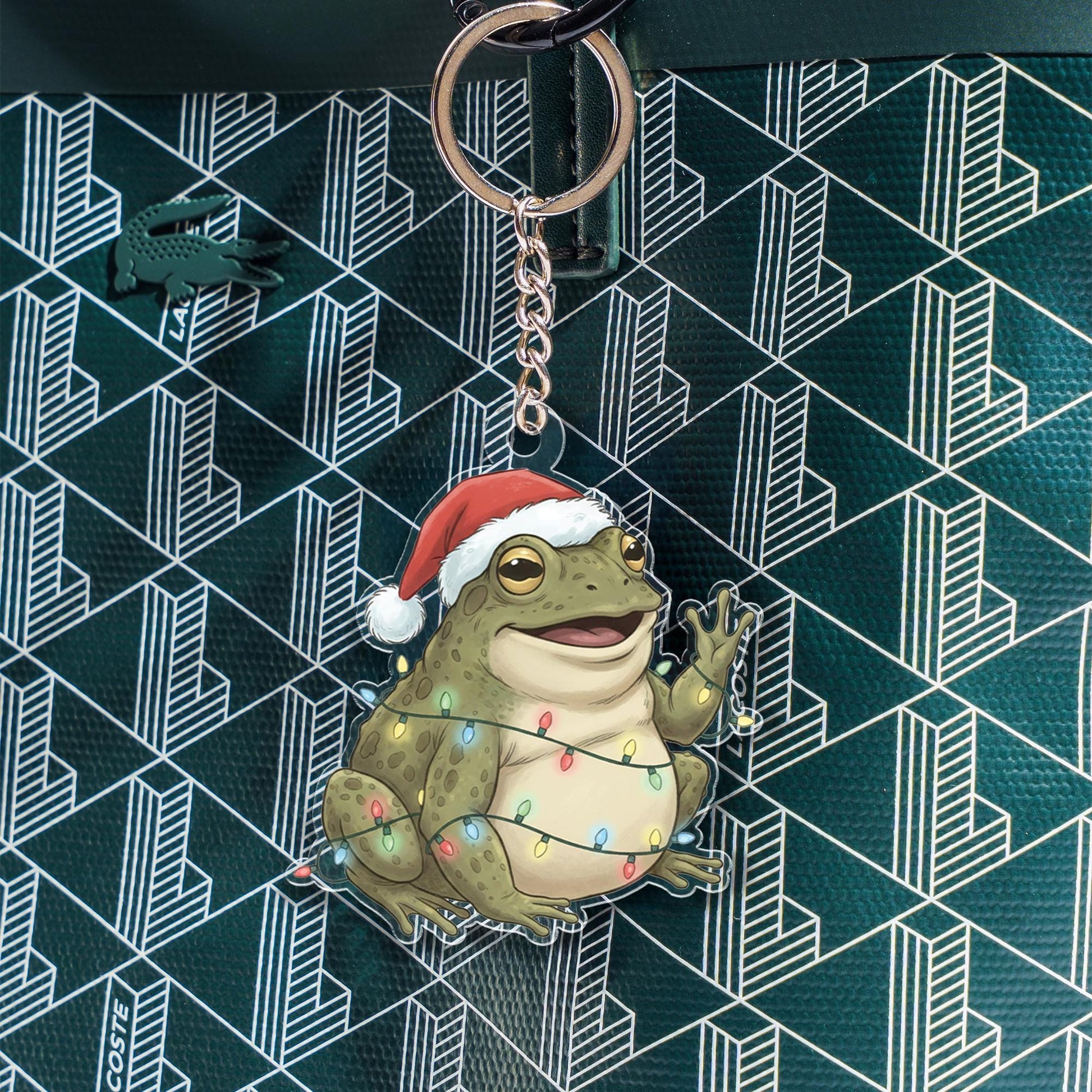 Acrylic Frog Keychain – Christmas Toad with Santa Hat and Holiday Lights