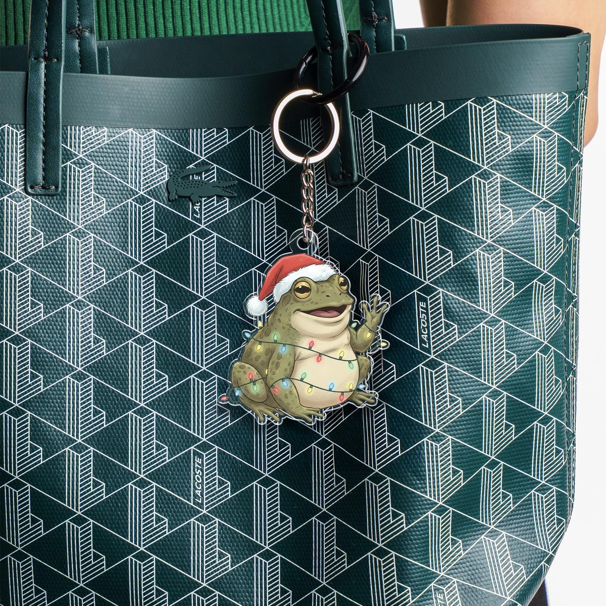 Acrylic Frog Keychain – Christmas Toad with Santa Hat and Holiday Lights