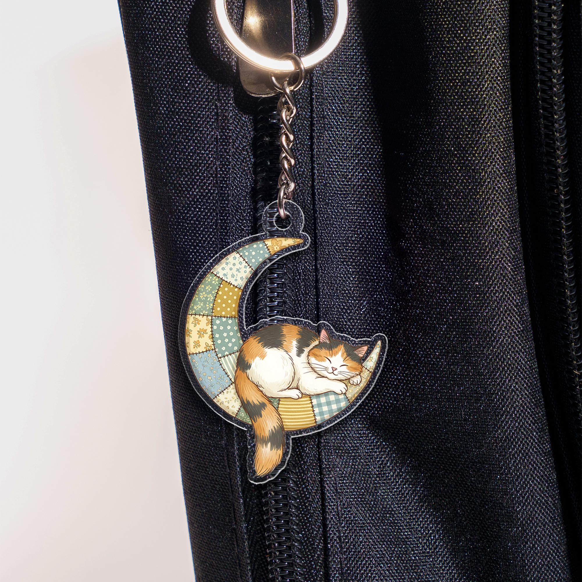 Acrylic Cat Keychain – Calico Cat on Patchwork Moon Design