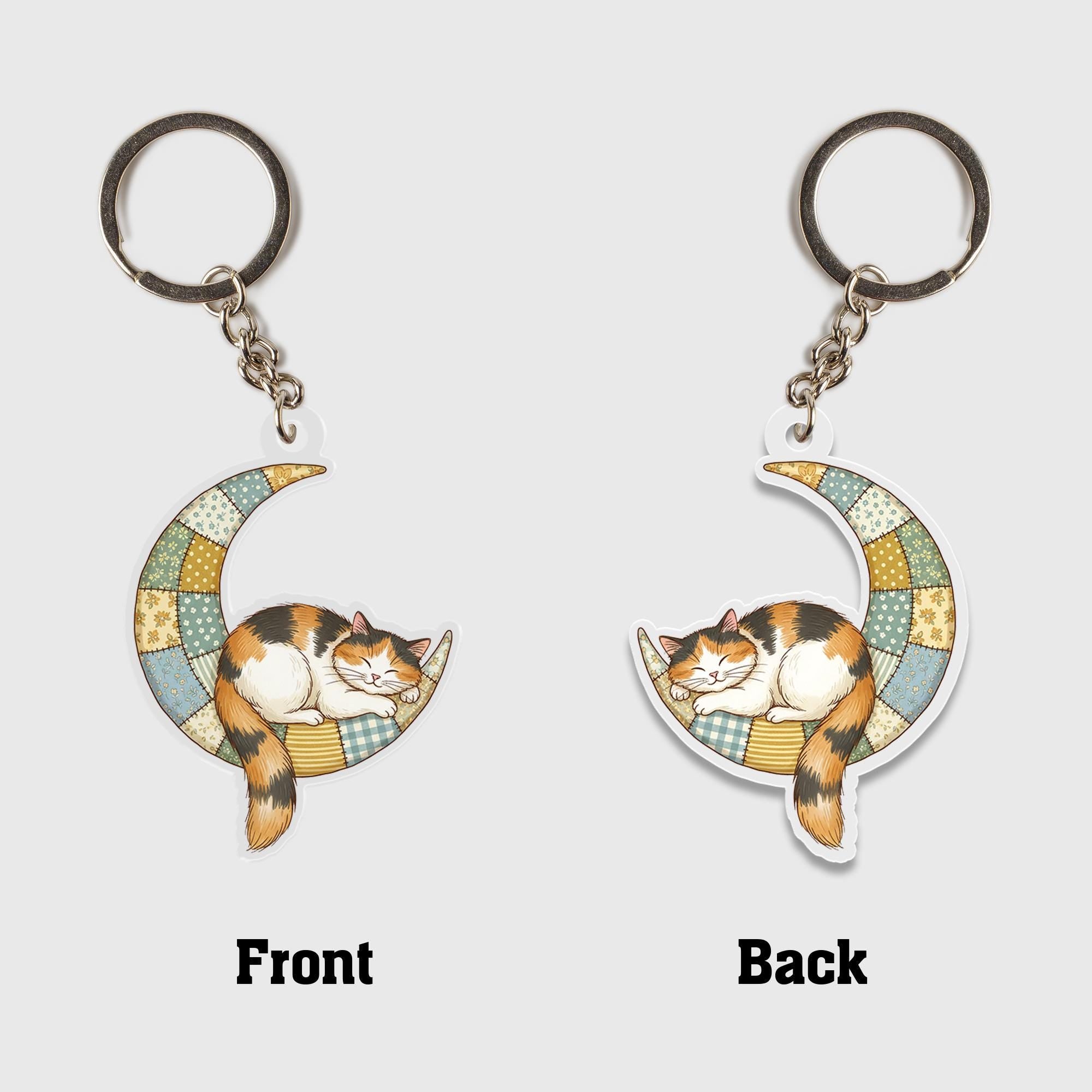 Acrylic Cat Keychain – Calico Cat on Patchwork Moon Design