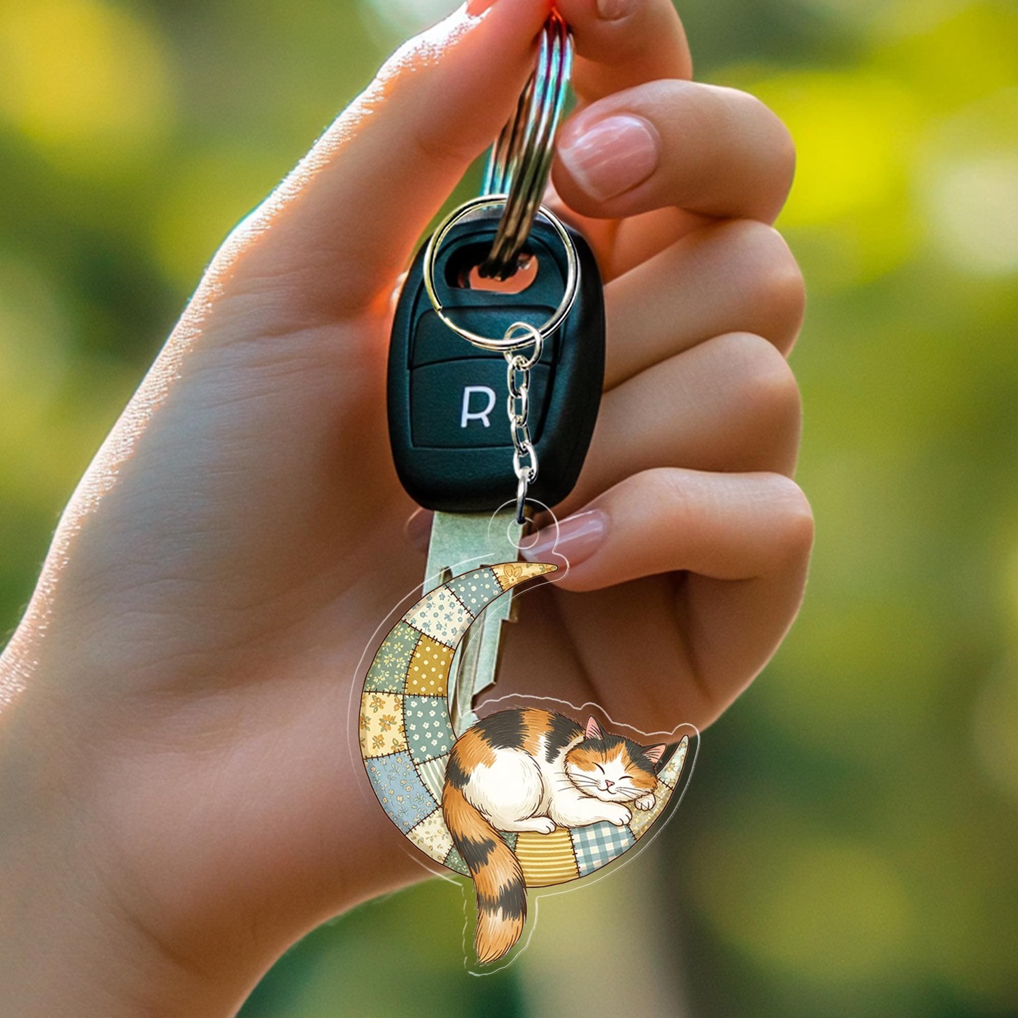 Acrylic Cat Keychain – Calico Cat on Patchwork Moon Design