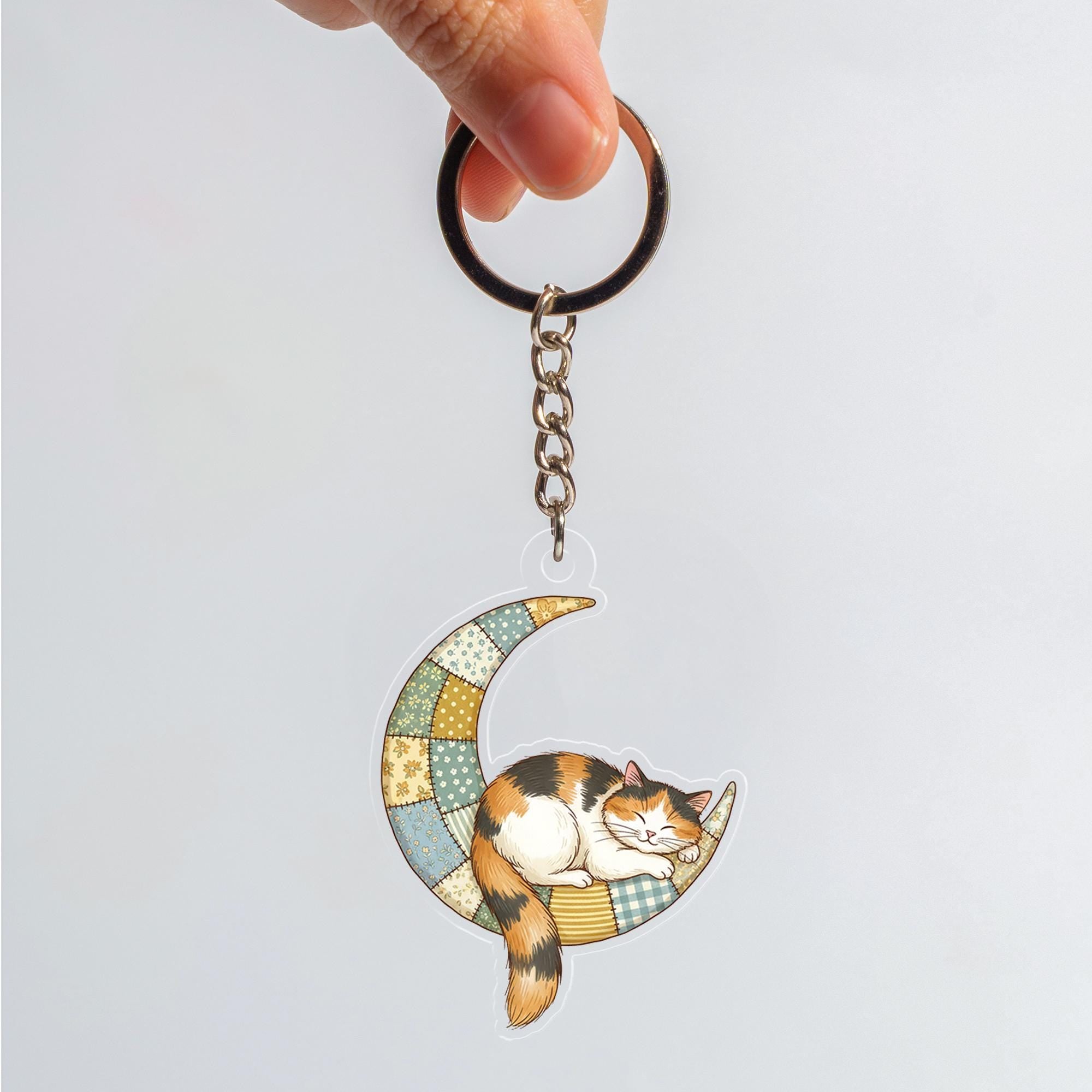 Acrylic Cat Keychain – Calico Cat on Patchwork Moon Design
