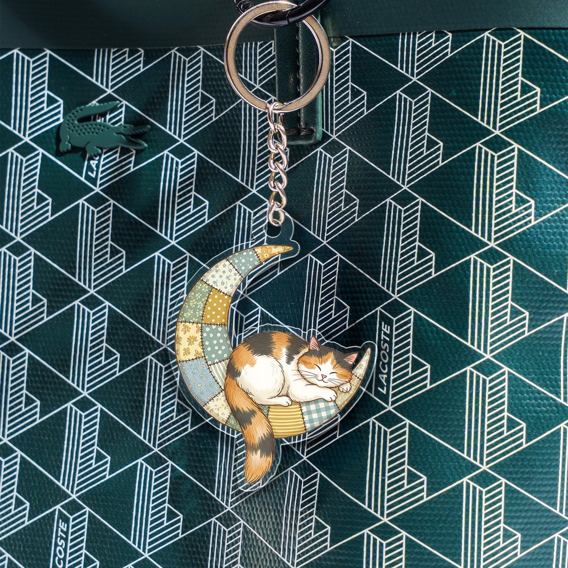 Acrylic Cat Keychain – Calico Cat on Patchwork Moon Design