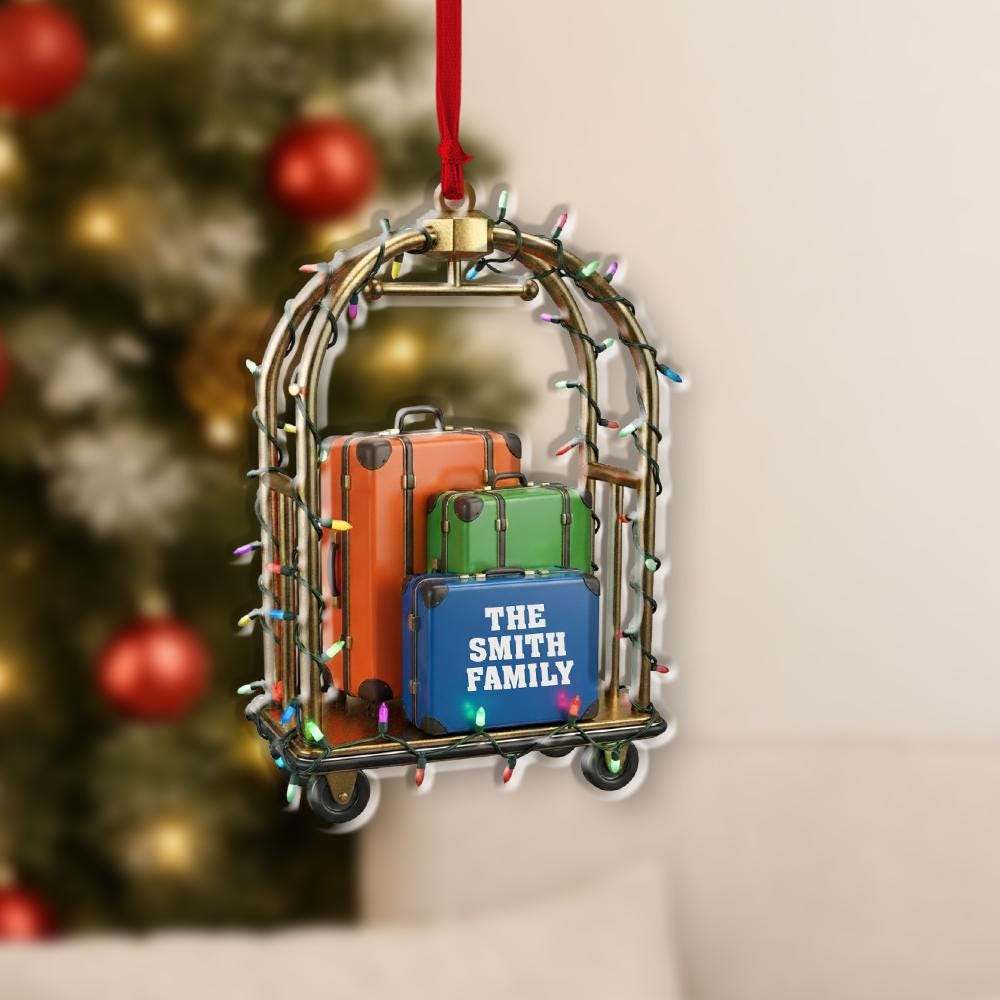 Personalized Travel Ornament – Custom Family Name Suitcase Luggage Christmas Tree Decoration