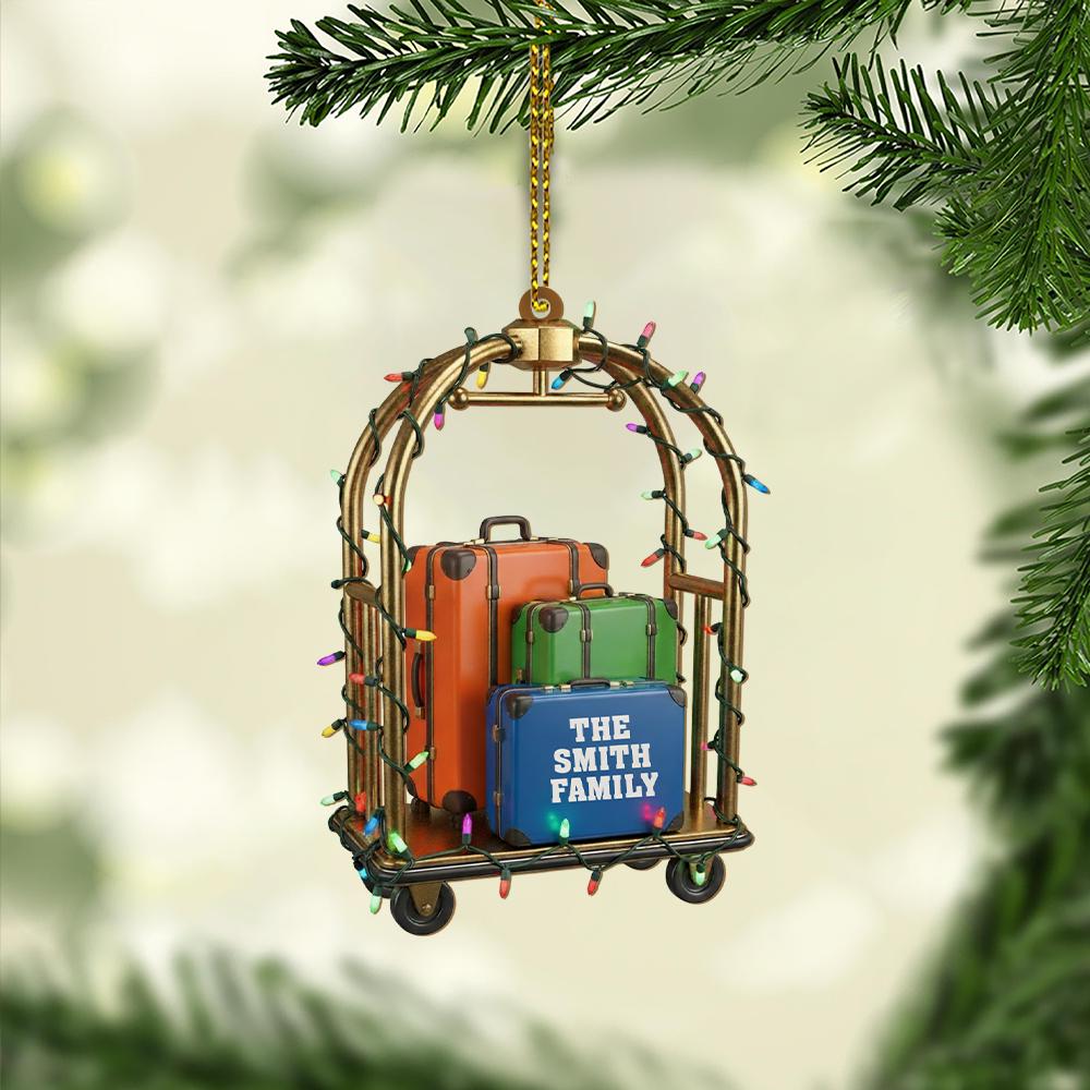 Personalized Travel Ornament – Custom Family Name Suitcase Luggage Christmas Tree Decoration