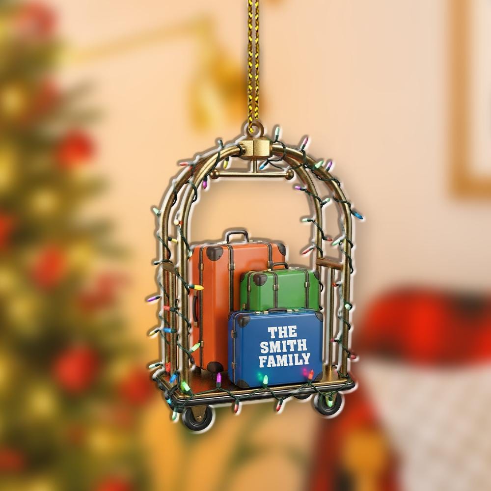 Personalized Travel Ornament – Custom Family Name Suitcase Luggage Christmas Tree Decoration