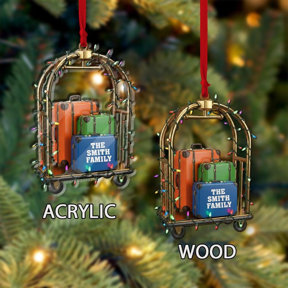 Personalized Travel Ornament – Custom Family Name Suitcase Luggage Christmas Tree Decoration