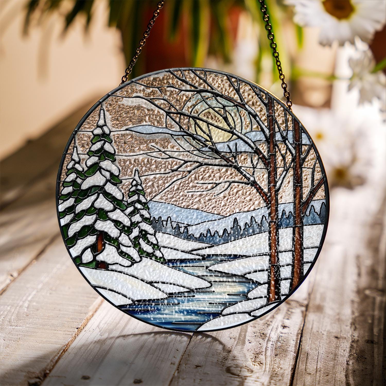 Winter Glass Suncatcher – Snowy Forest Pine Trees Window Hanging