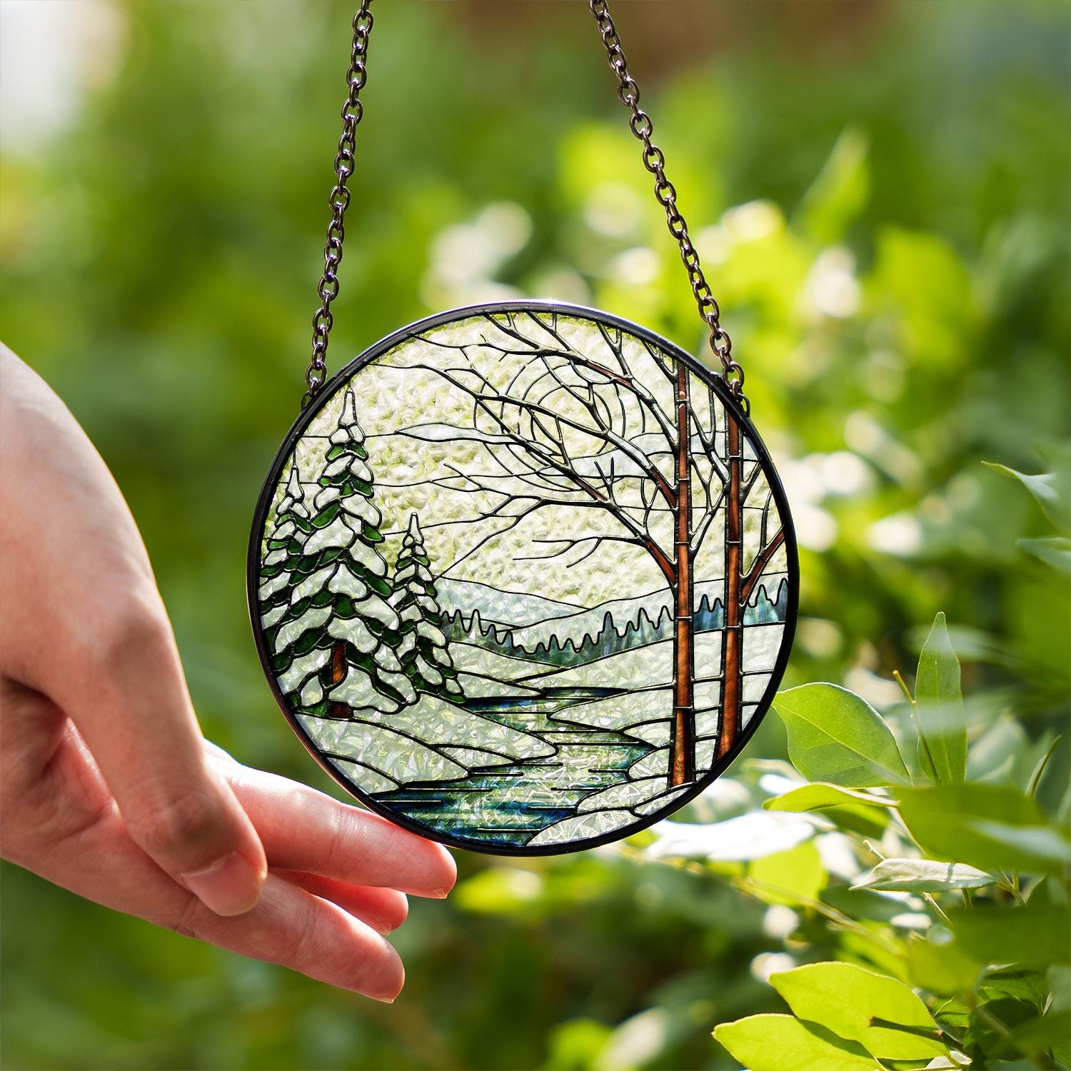 Winter Glass Suncatcher – Snowy Forest Pine Trees Window Hanging