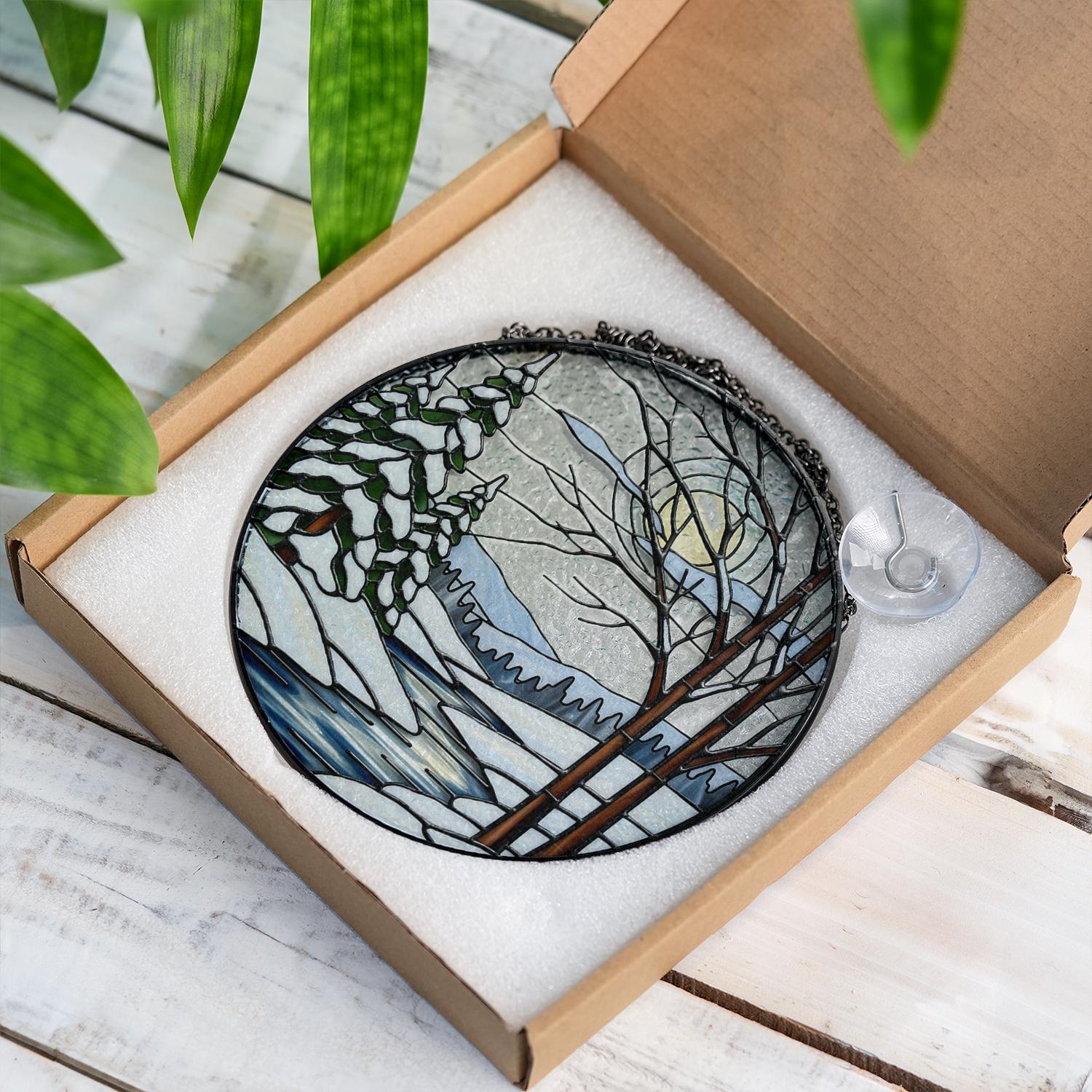 Winter Glass Suncatcher – Snowy Forest Pine Trees Window Hanging