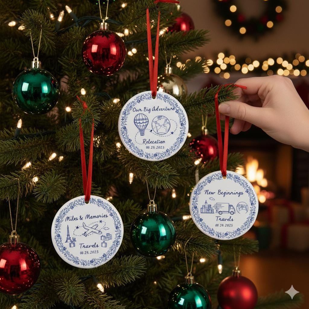 Personalized Travel Ornament – Custom Ceramic Adventure Keepsake, New Beginnings, Engagement & Moving Gift 2025