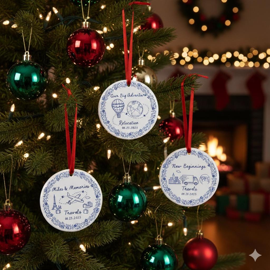 Personalized Travel Ornament – Custom Ceramic Adventure Keepsake, New Beginnings, Engagement & Moving Gift 2025