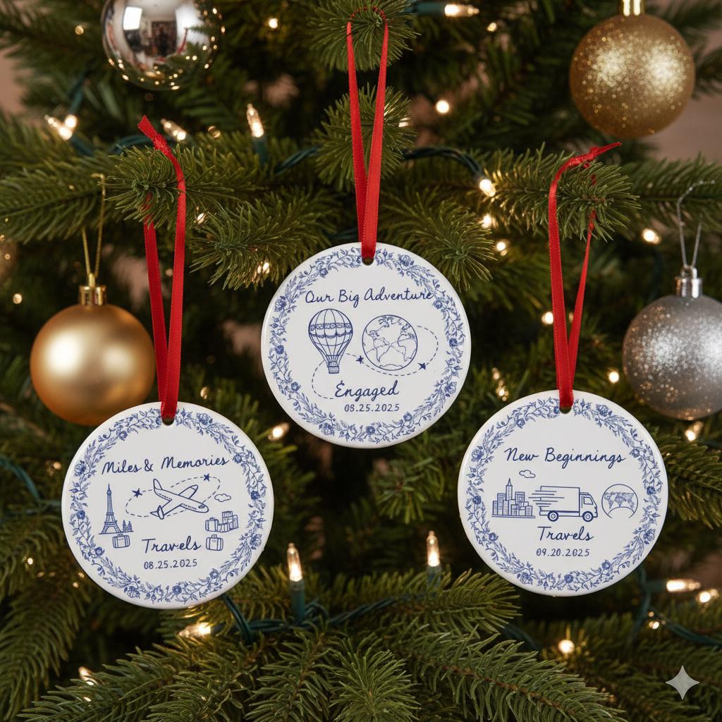 Personalized Travel Ornament – Custom Ceramic Adventure Keepsake, New Beginnings, Engagement & Moving Gift 2025