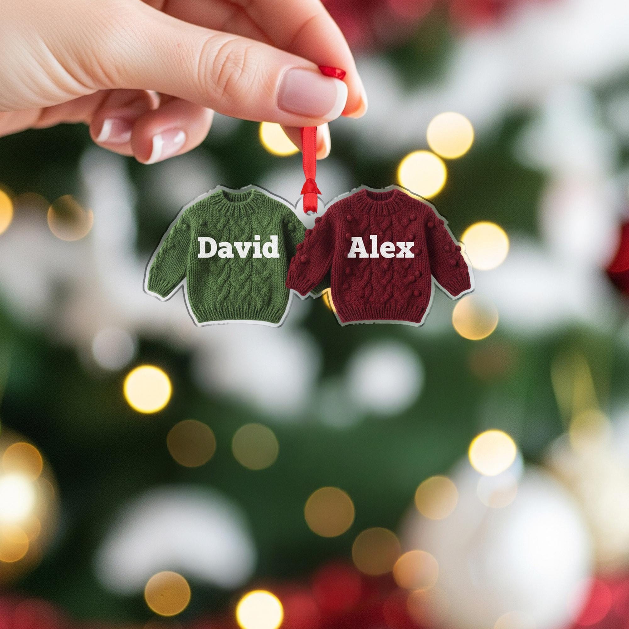 Personalized Sweater Ornament – Knitted Style Christmas Decoration with Names