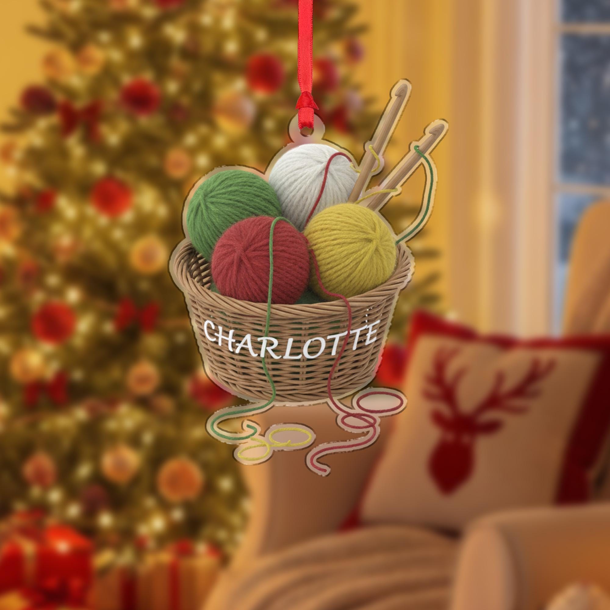 Personalized Yarn Basket Ornament – Knitting Crochet Decoration with Name
