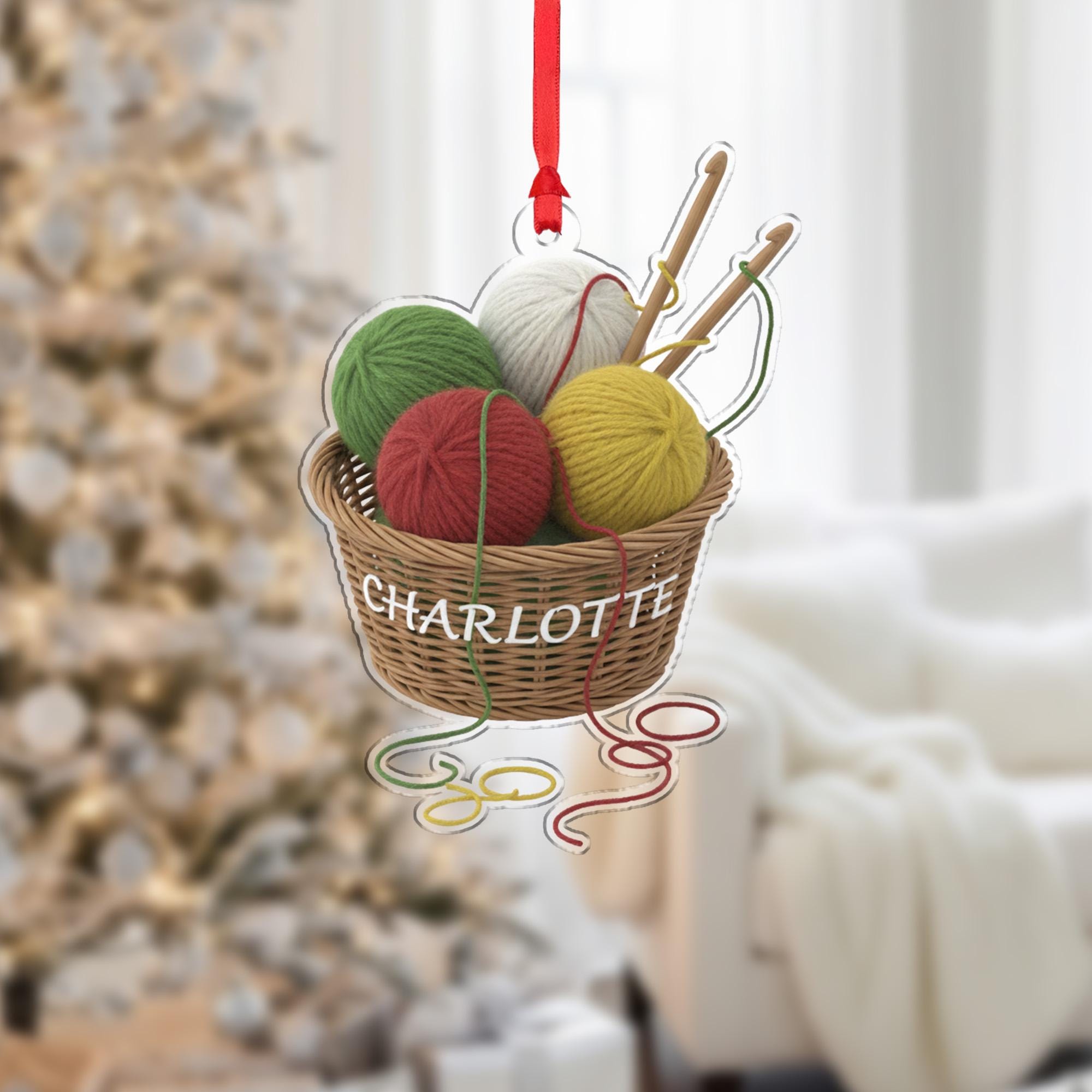 Personalized Yarn Basket Ornament – Knitting Crochet Decoration with Name