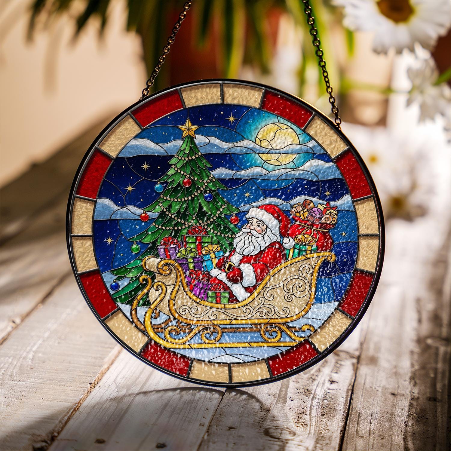 Glass Christmas Suncatcher – Santa Sleigh with Tree and Gifts Holiday Window Decor