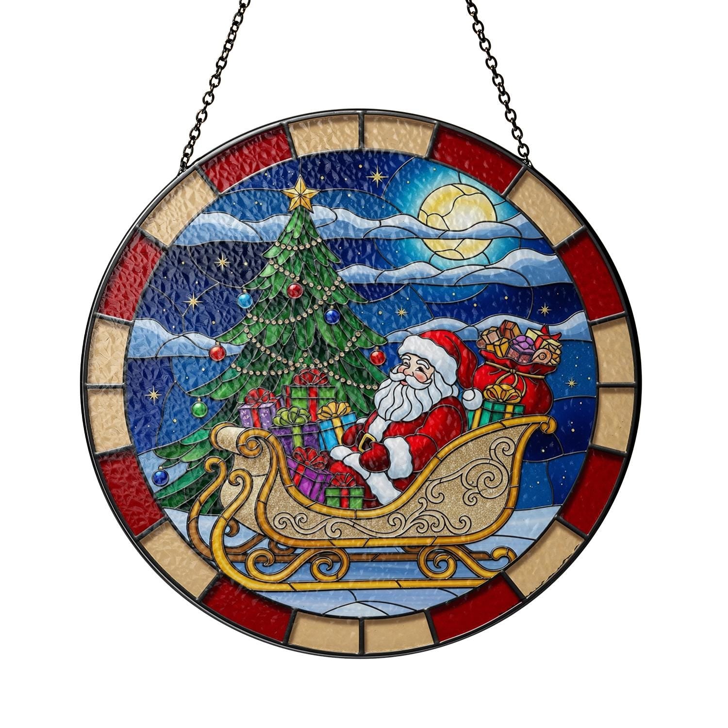 Glass Christmas Suncatcher – Santa Sleigh with Tree and Gifts Holiday Window Decor