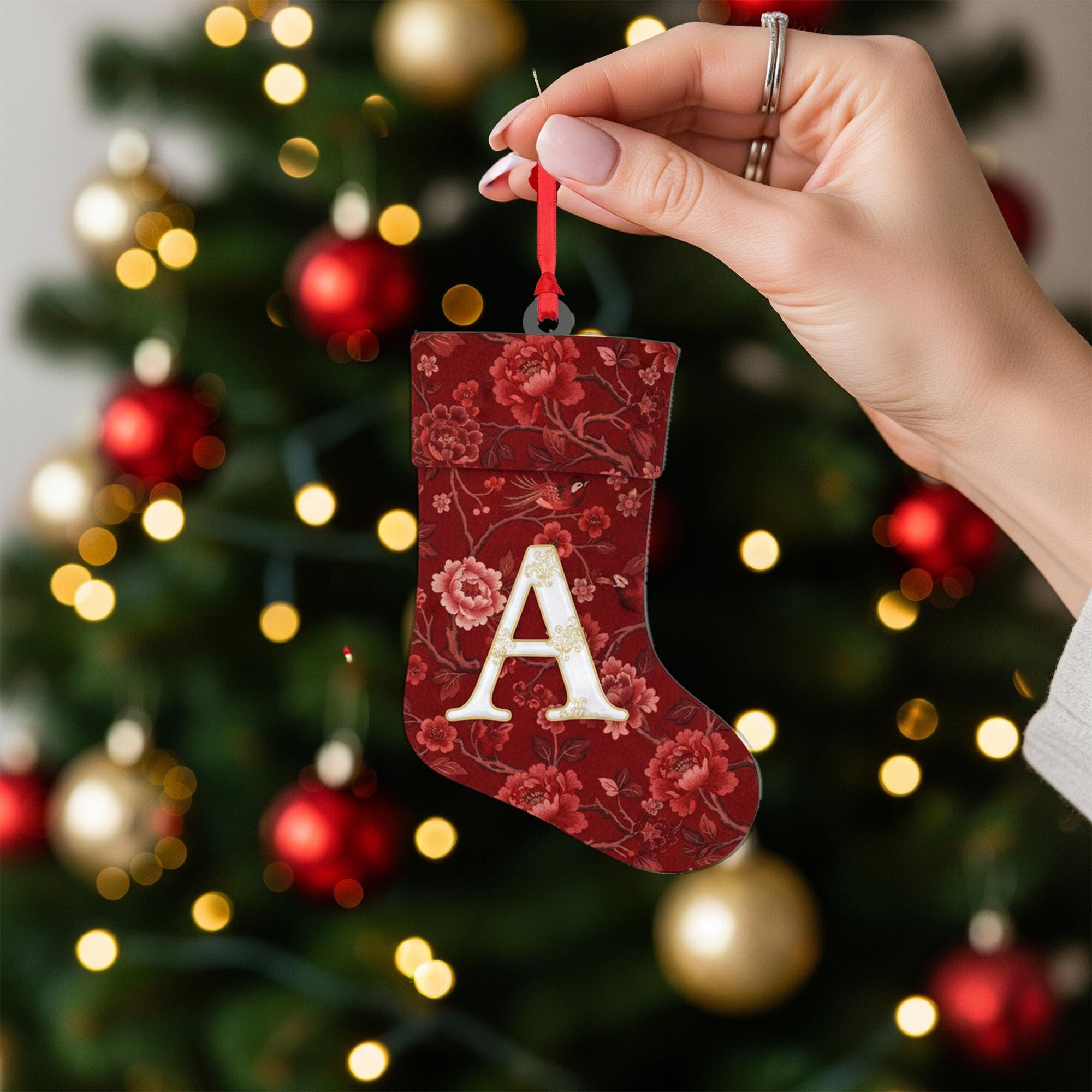 Personalized Chinoiserie Stocking Ornament – Red Floral Design with Initial