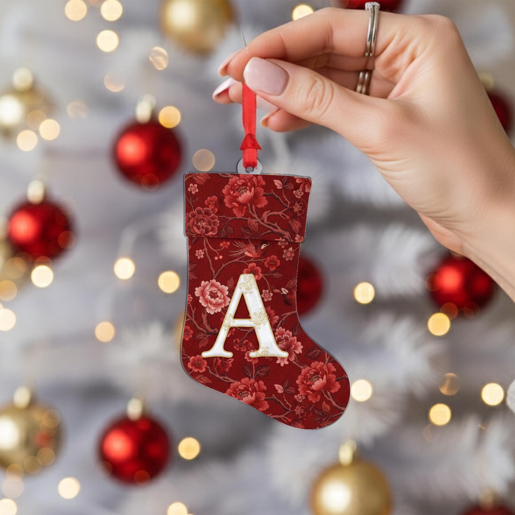 Personalized Chinoiserie Stocking Ornament – Red Floral Design with Initial