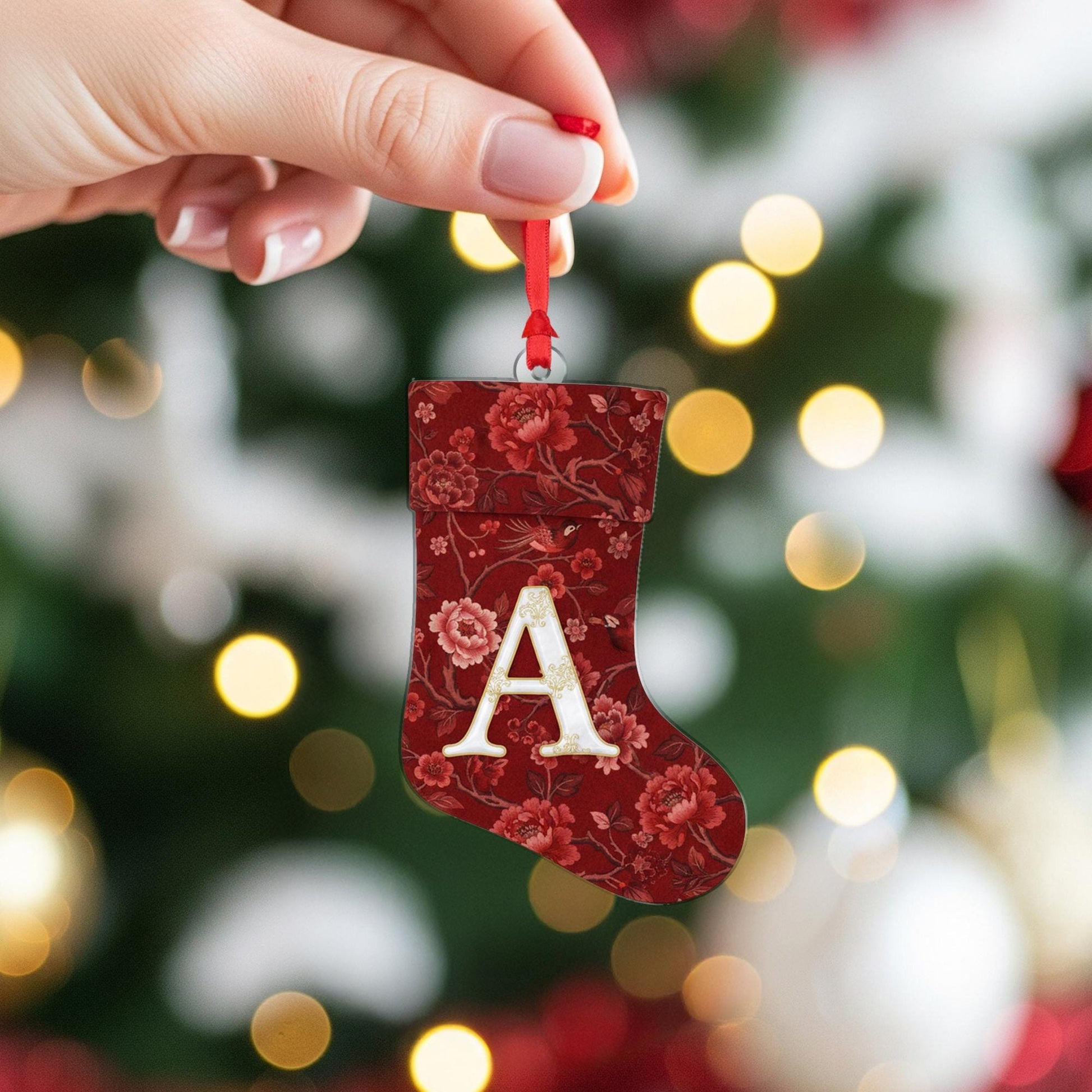 Personalized Chinoiserie Stocking Ornament – Red Floral Design with Initial