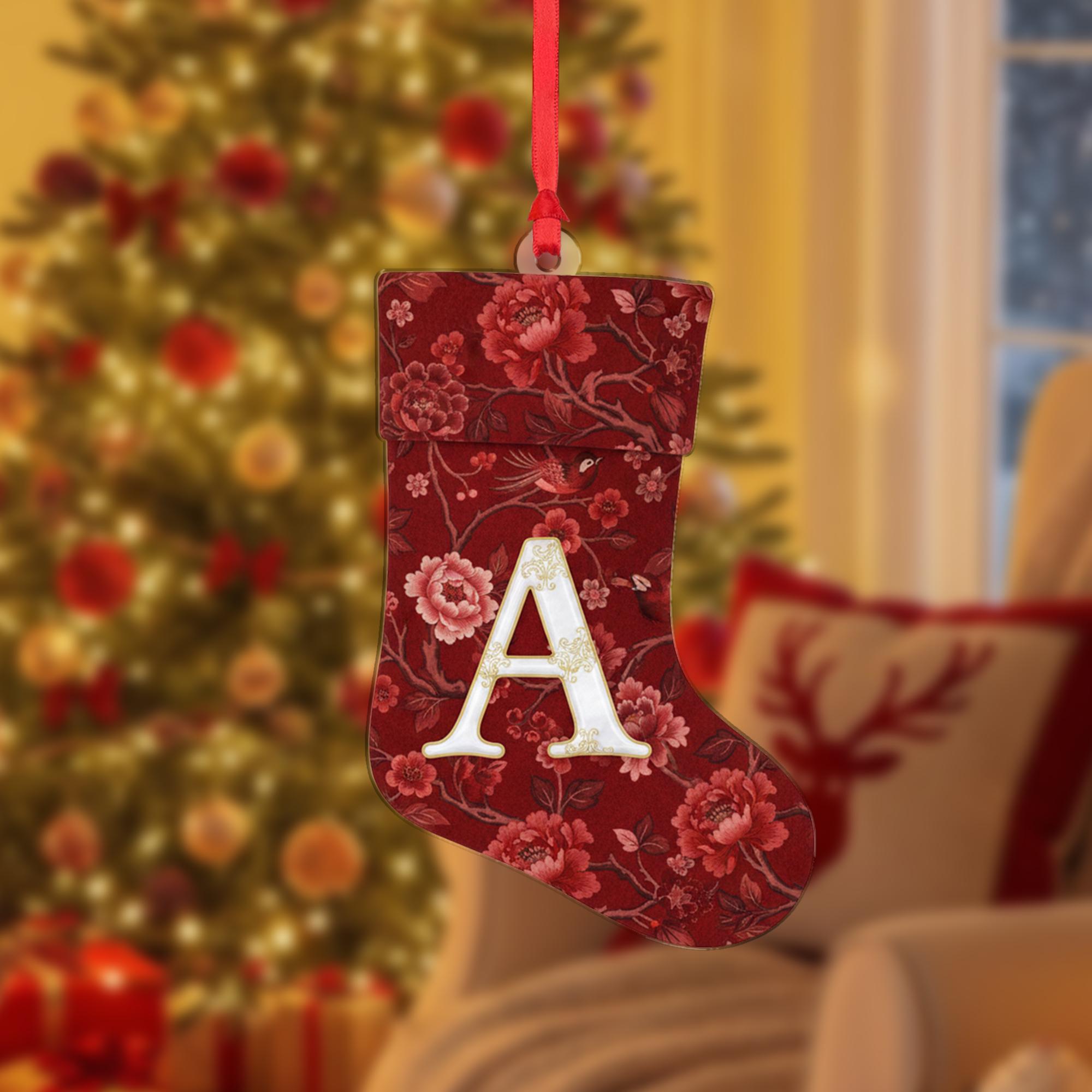 Personalized Chinoiserie Stocking Ornament – Red Floral Design with Initial