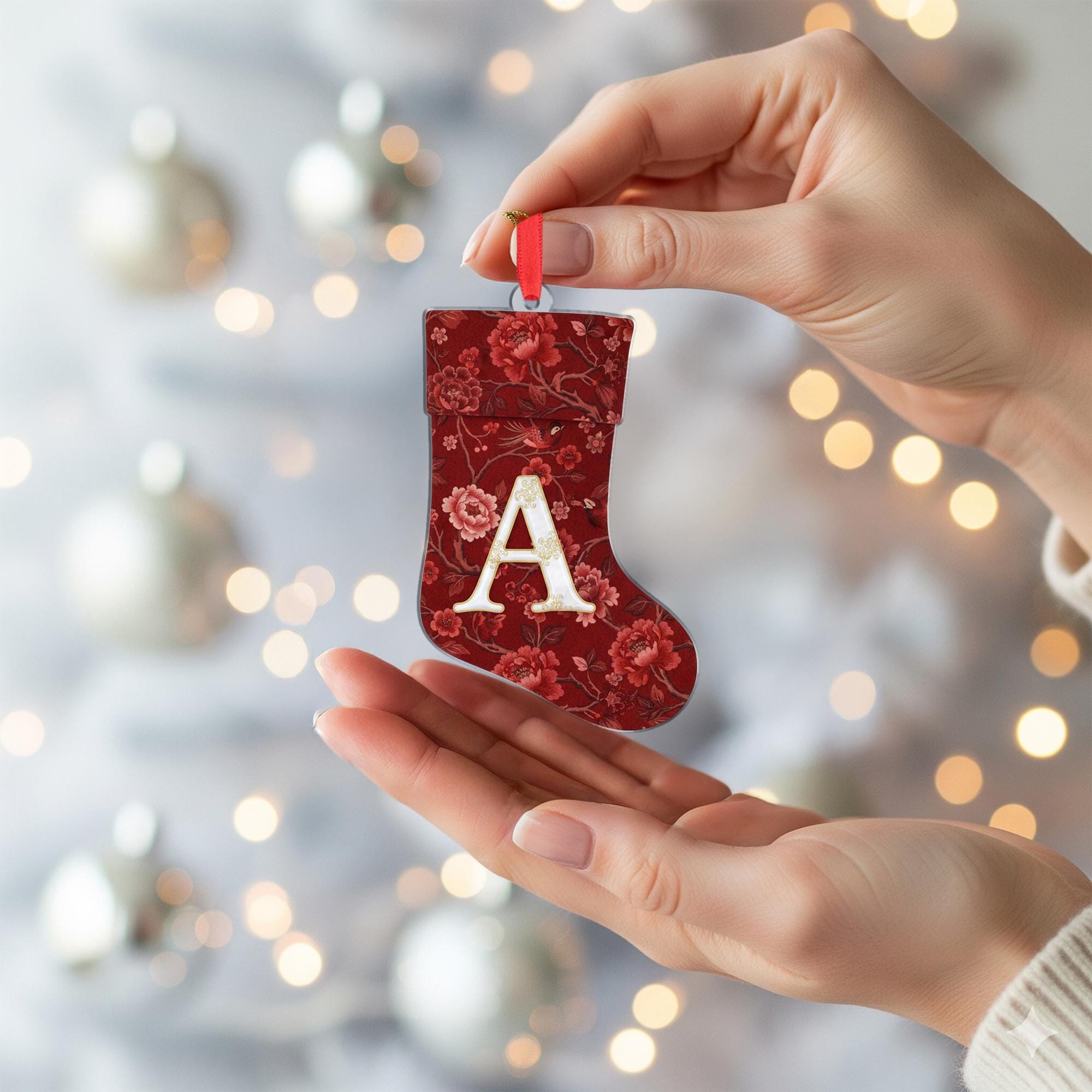 Personalized Chinoiserie Stocking Ornament – Red Floral Design with Initial