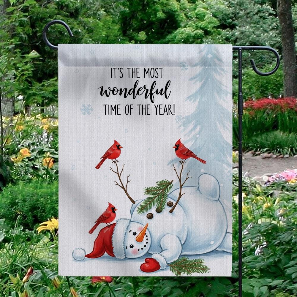 Winter Garden Flag – Snowman with Cardinals Outdoor Seasonal Yard Decor