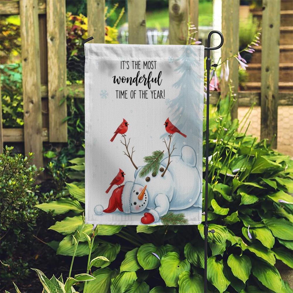 Winter Garden Flag – Snowman with Cardinals Outdoor Seasonal Yard Decor