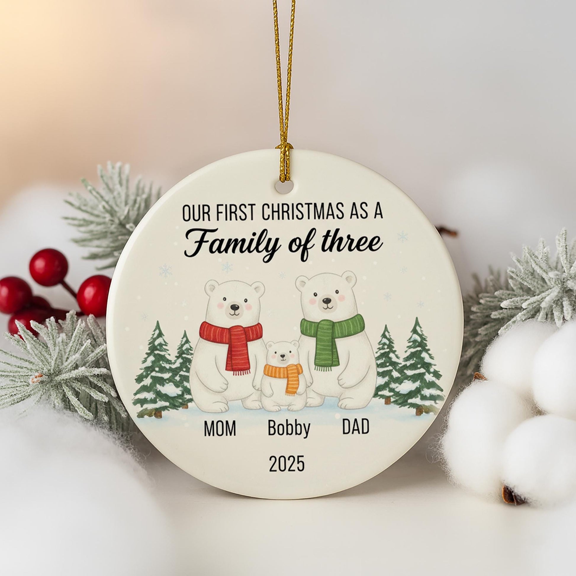 Family of Three First Christmas Ornament 2025 – Personalized New Parents Holiday Keepsake