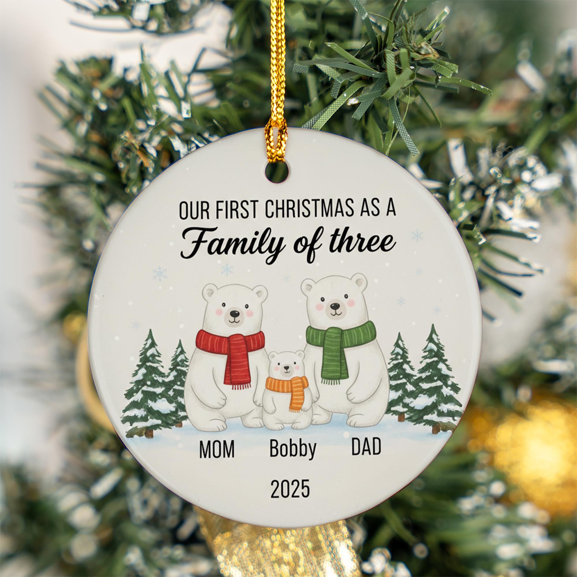 Family of Three First Christmas Ornament 2025 – Personalized New Parents Holiday Keepsake