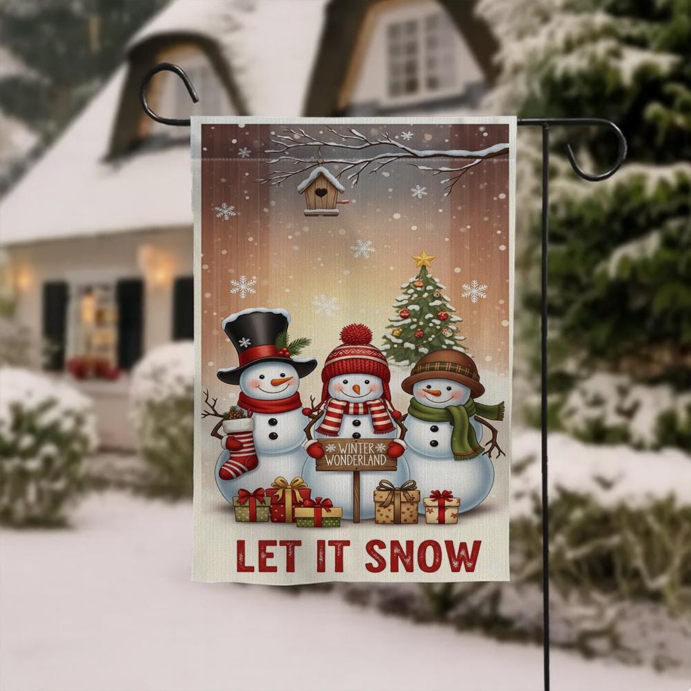Christmas Garden Flag – Snowman Family with Tree and Gifts Winter Yard Decor
