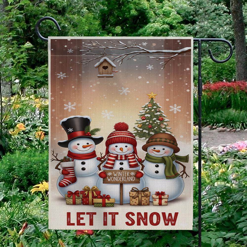 Christmas Garden Flag – Snowman Family with Tree and Gifts Winter Yard Decor